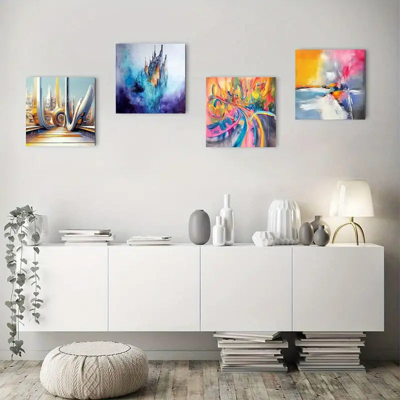 4pcs Colorful Paint Textured Abstrac Wall Art Canvas Framed
