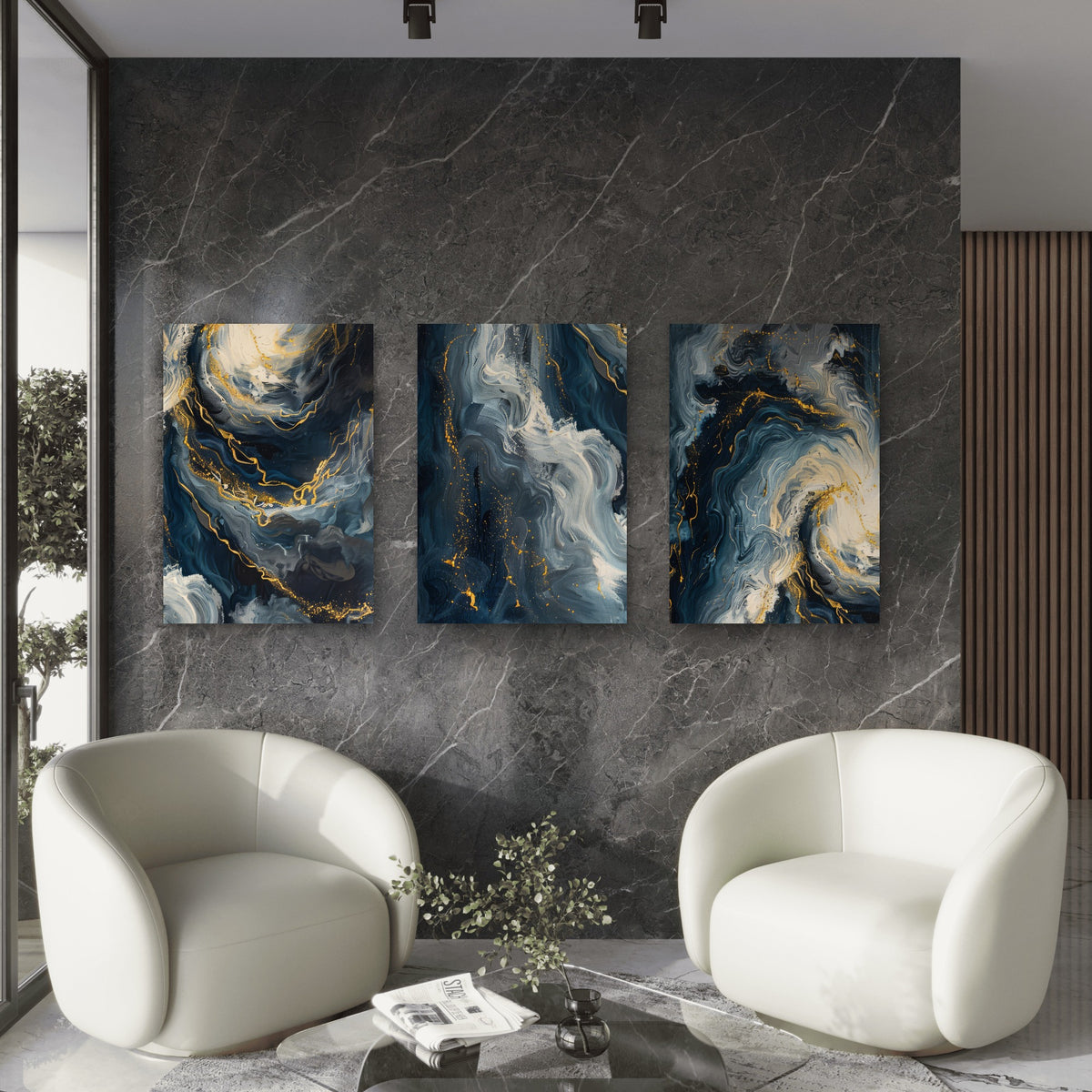 3pcs Modern Abstract Blue Gold Fluid Ocean Wall Art Set Canvas Framed 60x90cm - High Quality Print 100% Australian Made Wall Canvas Ready to Hang
