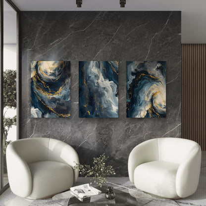 3pcs Modern Abstract Blue Gold Fluid Ocean Wall Art Set Canvas Framed 60x90cm - High Quality Print 100% Australian Made Wall Canvas Ready to Hang