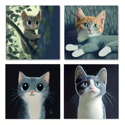 4pcs Charming Blue Cat Modern Wall Art Canvas Framed