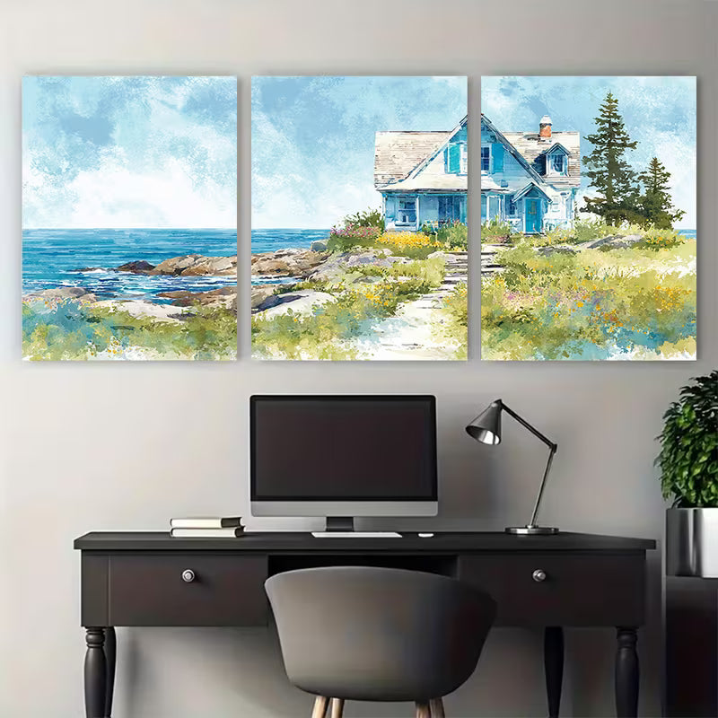 Watercolor Beach House Ocean Seascape Wall Art Set Canvas Framed 40x60cm - High Quality Print 100% Australian Made Wall Canvas Ready to Hang