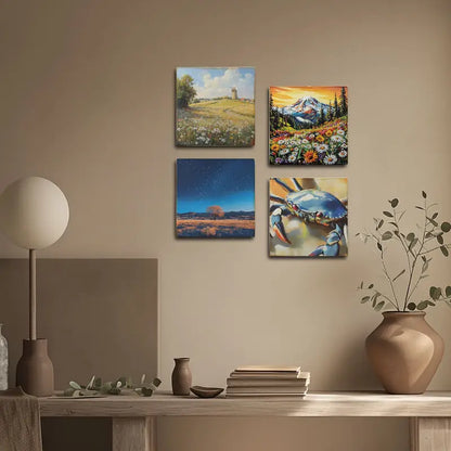 4pcs Crab,Mountain With Flower Garden Wall Art Canvas Framed