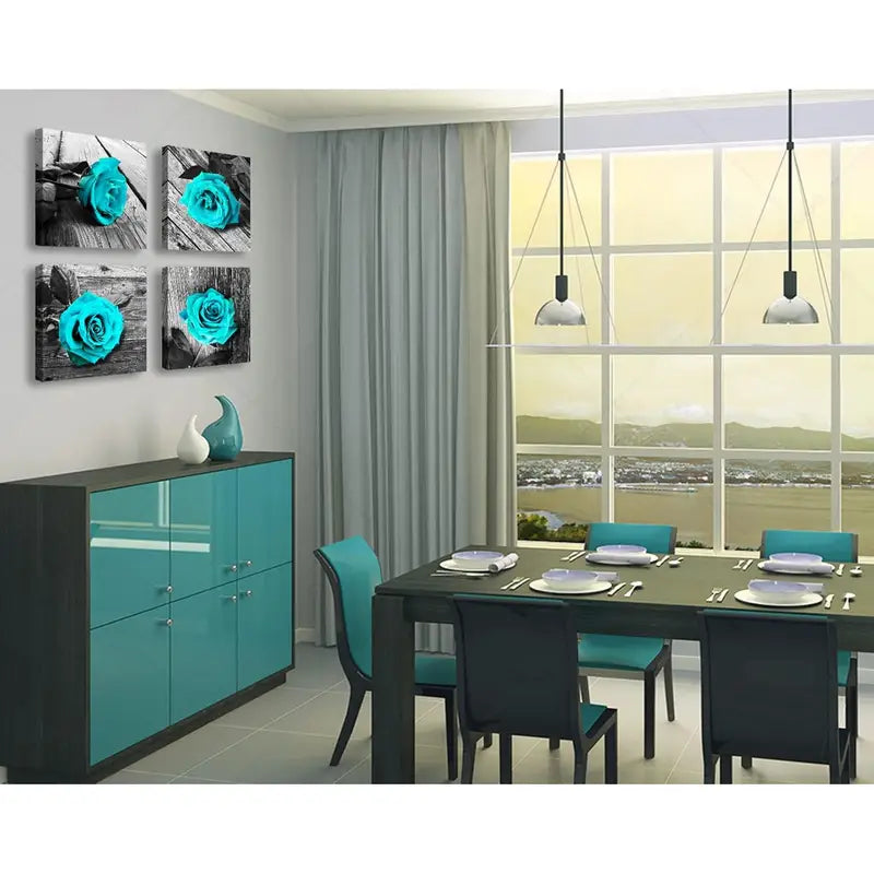 4pcs Blue  Decor Rose Flower Black and White  Wall Art Canvas Framed