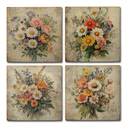 4pcs Flower Bouquet Wall Art Canvas Framed