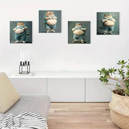 4pcs Funny Cute Fat Cat Wall Art Canvas Framed