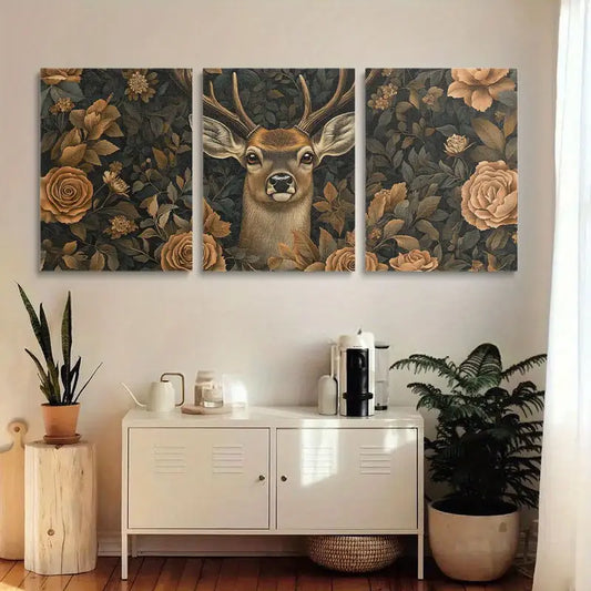 3pcs Elegant Antlered Deer Surrounded by Flowers & Leaves Metal Print Ready to Hang Art