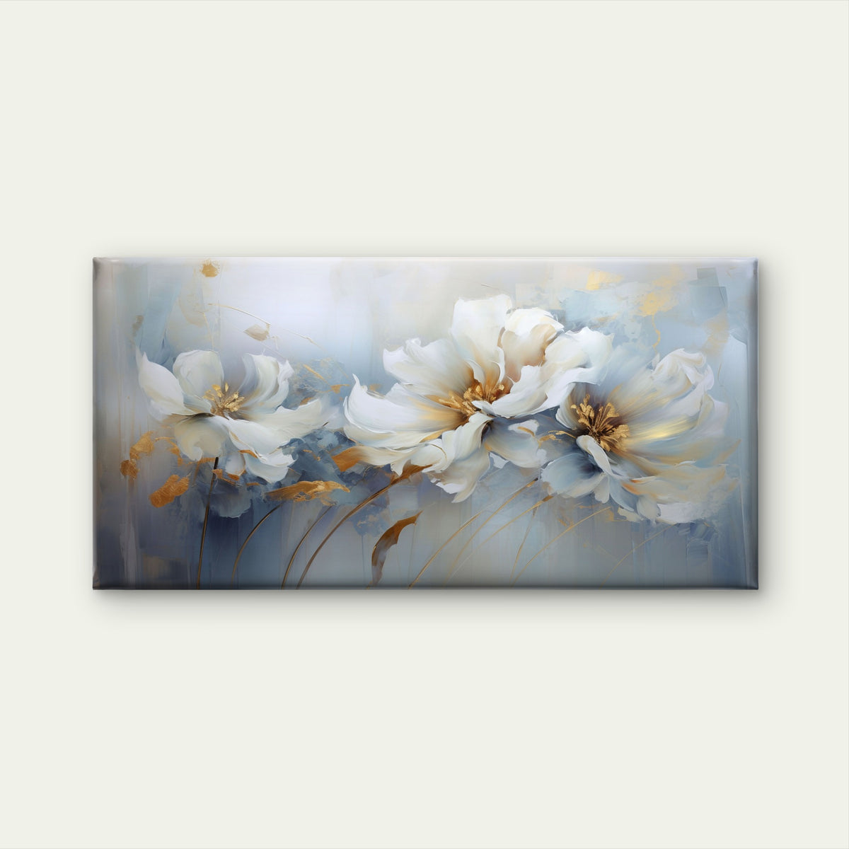 White Floral Gold Painting Wall Art Canvas Office Home Room Framed 120x60cm