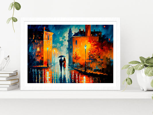 Street View Of Cityscape With Couple Glass Framed Wall Art, Ready to Hang Quality Print With White Border White