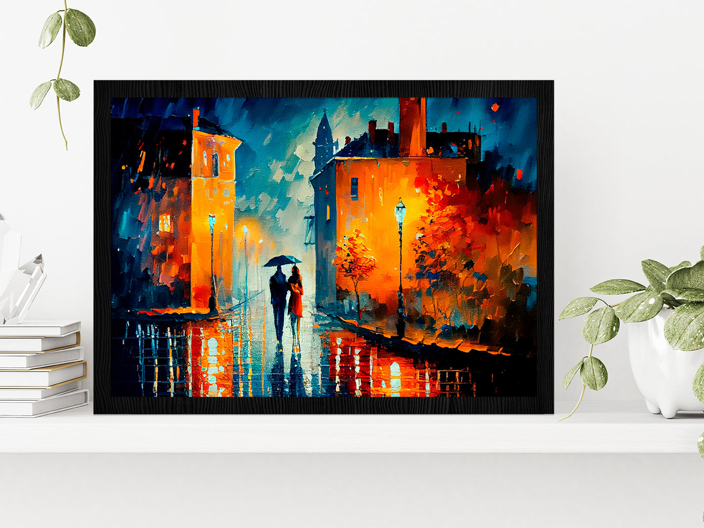 Street View Of Cityscape With Couple Glass Framed Wall Art, Ready to Hang Quality Print Without White Border Black