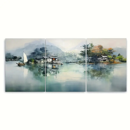 3pcs Sailboat on Lake with Island Trees Metal Print Ready to Hang Art