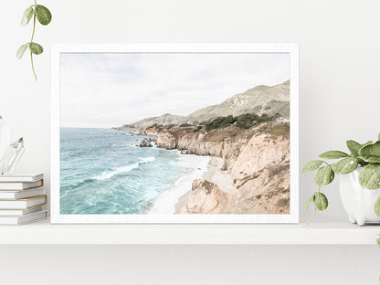 Rocky Sea Coast Faded Photograph Glass Framed Wall Art, Ready to Hang Quality Print Without White Border White