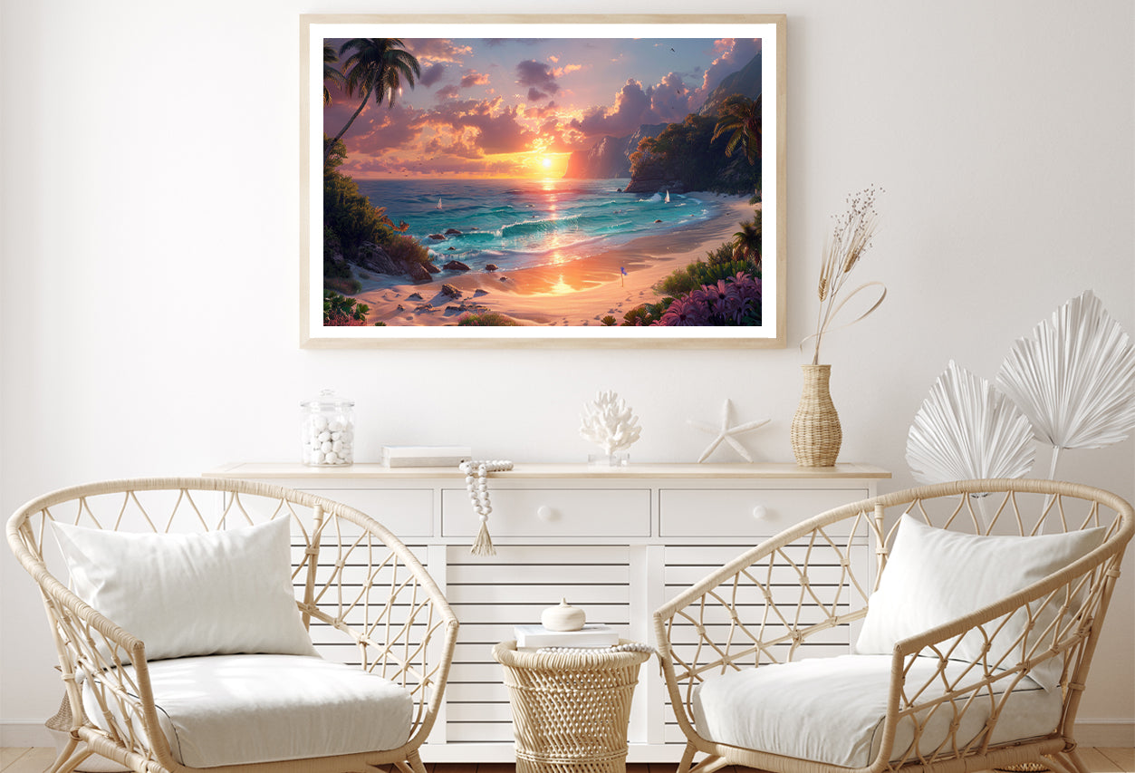 Beach Painting With Palm Trees and a Stunning Sunset Home Decor Premium Quality Poster Print Choose Your Sizes