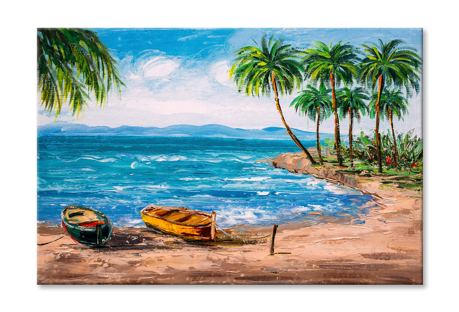 Boats near Tropical Island Beach with Palms Painting Wall Art Limited Edition High Quality Print Stretched Canvas None