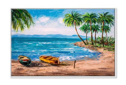 Boats near Tropical Island Beach with Palms Painting Wall Art Limited Edition High Quality Print Canvas Box Framed White