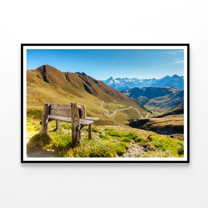 Bench Overlooking a Valley with Grass & Mountains Home Decor Premium Quality Poster Print Choose Your Sizes