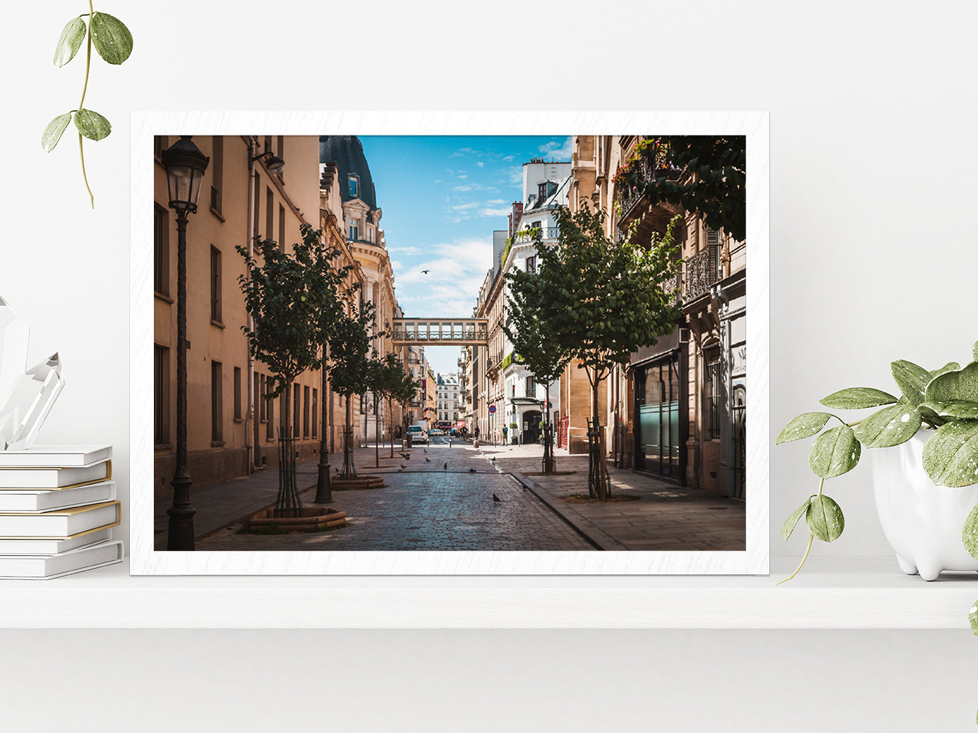 Pavement Street Of Paris In Summer Glass Framed Wall Art, Ready to Hang Quality Print Without White Border White