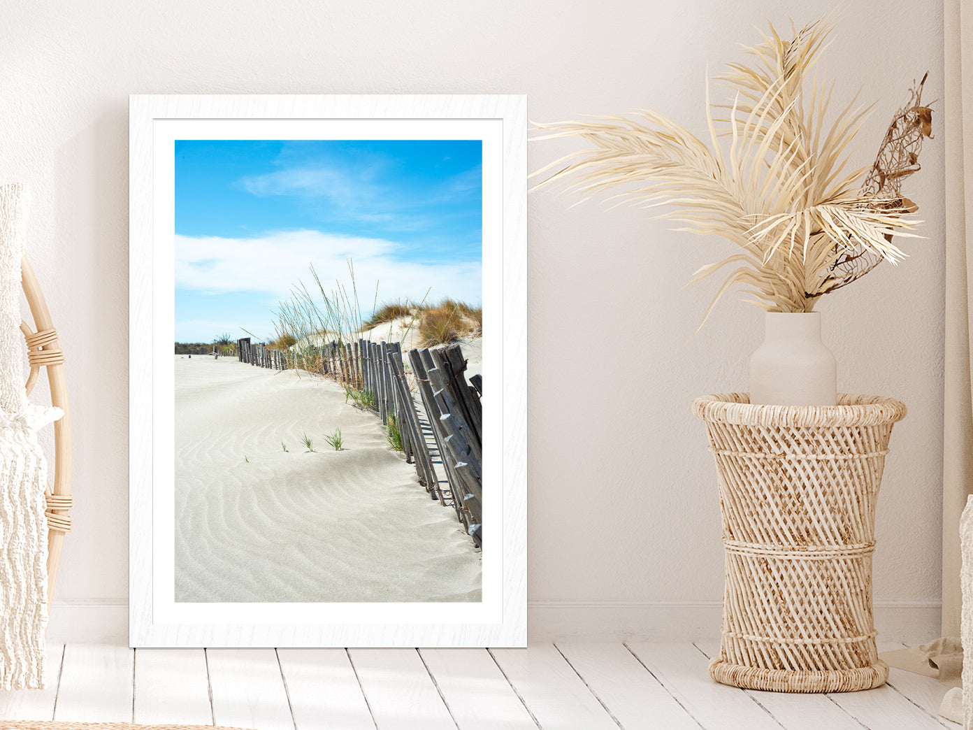 Old Wood Beach Fence near Sand Sea Photograph Glass Framed Wall Art, Ready to Hang Quality Print With White Border White