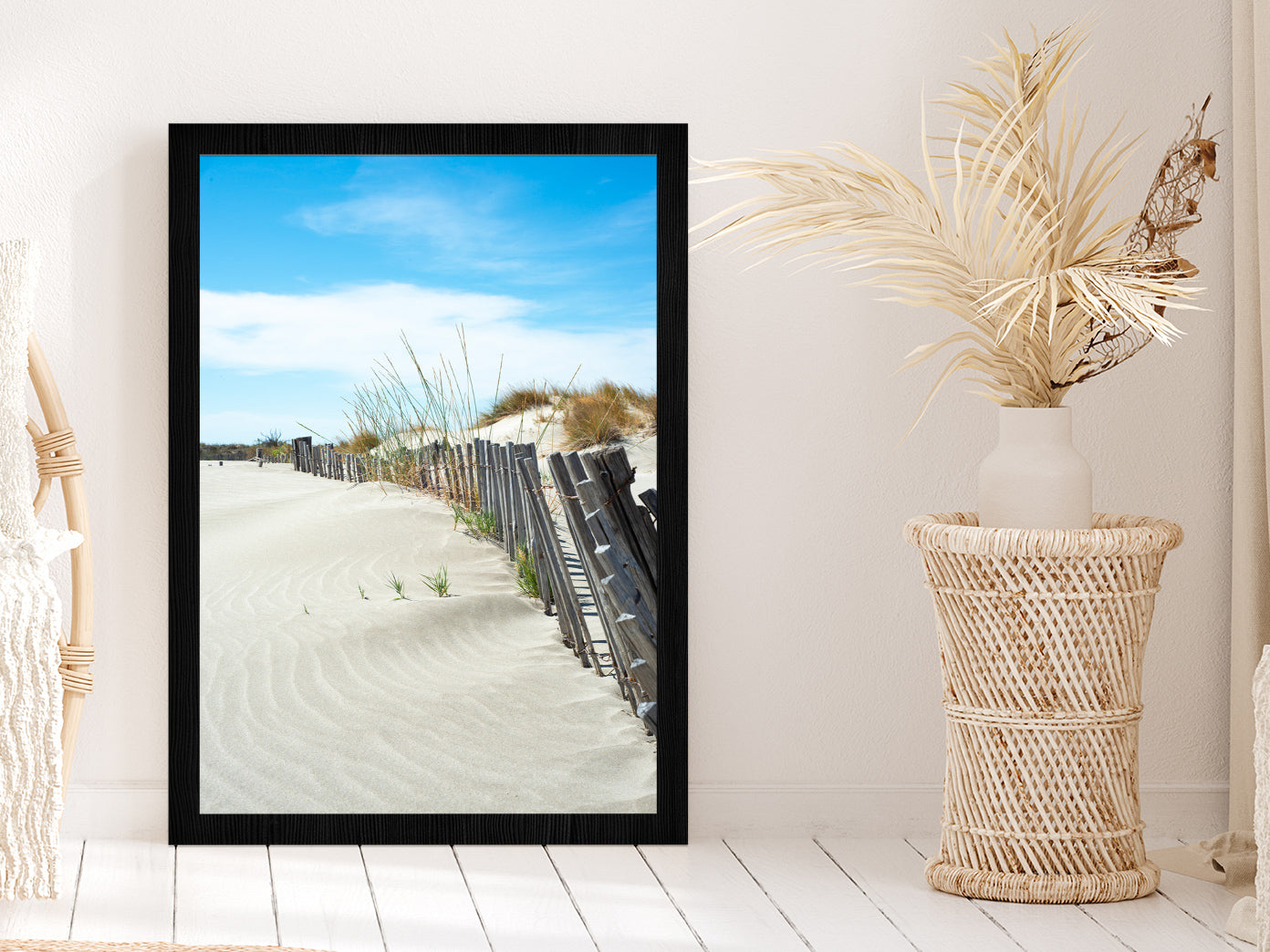 Old Wood Beach Fence near Sand Sea Photograph Glass Framed Wall Art, Ready to Hang Quality Print Without White Border Black