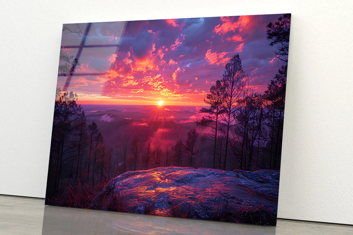 Sunset in the Mountains, Trees Acrylic Glass Print Tempered Glass Wall Art 100% Made in Australia Ready to Hang