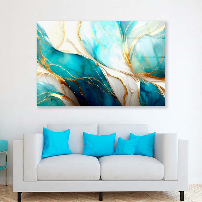 Golden Blue Abstract Acrylic Glass Print Tempered Glass Wall Art 100% Made in Australia Ready to Hang