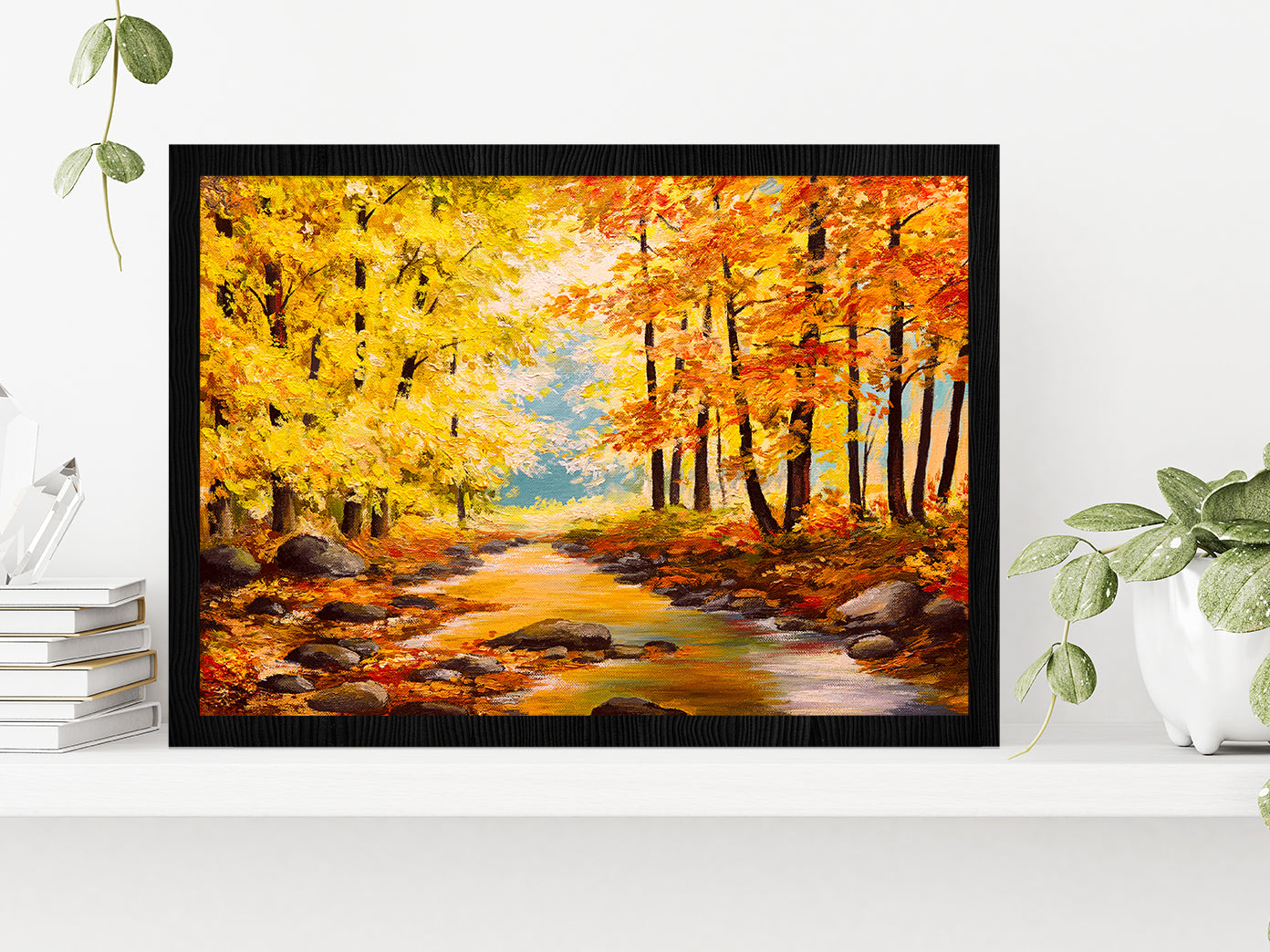 Autumn Trees In Forest With River Glass Framed Wall Art, Ready to Hang Quality Print Without White Border Black