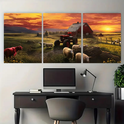 3pcs Sunrise Sheep Farm Warm Tones Metal Print Ready to Hang Art