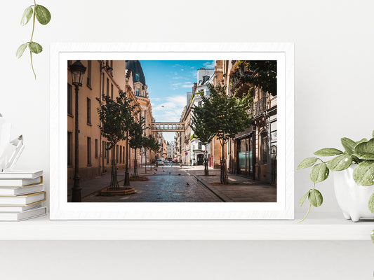 Pavement Street Of Paris In Summer Glass Framed Wall Art, Ready to Hang Quality Print With White Border White