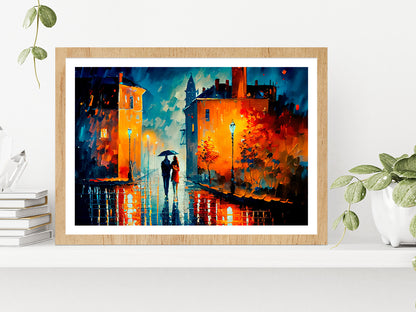 Street View Of Cityscape With Couple Glass Framed Wall Art, Ready to Hang Quality Print With White Border Oak