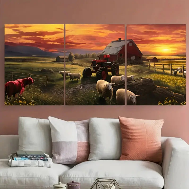 3pcs Sunrise Sheep Farm Warm Tones Metal Print Ready to Hang Art