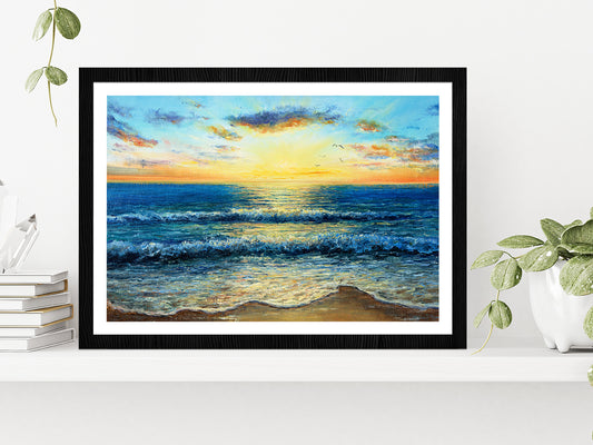 Waves In Sea & Sunset Over The Beach Glass Framed Wall Art, Ready to Hang Quality Print With White Border Black