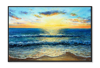 Waves In Sea & Sunset Over The Beach Oil Painting Wall Art Limited Edition High Quality Print Canvas Box Framed Black