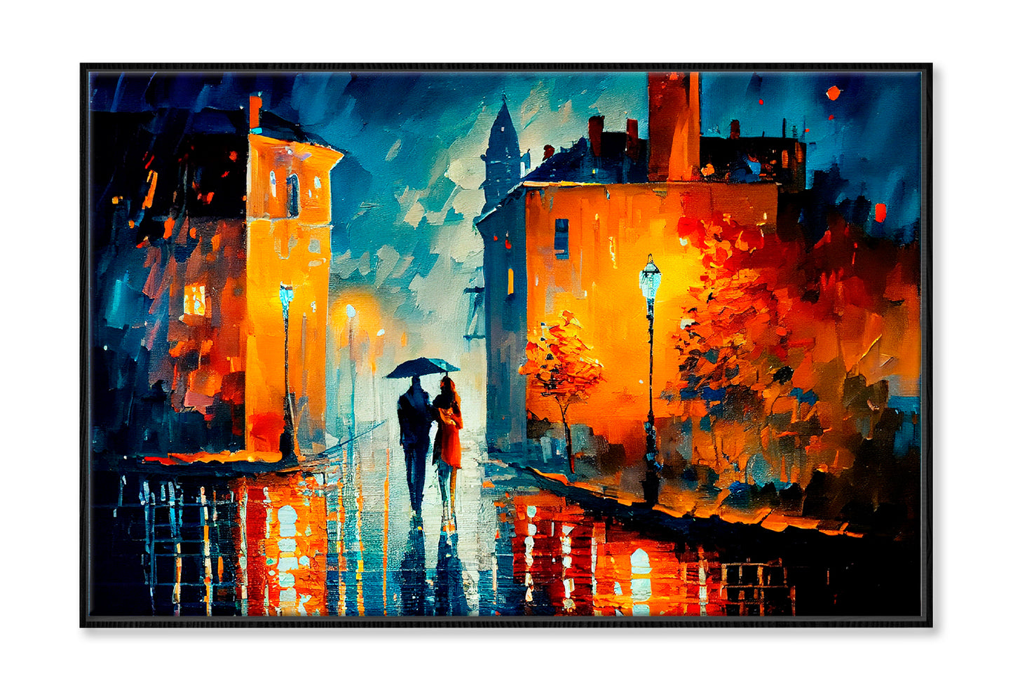 Street View Of Cityscape With Couple Oil Painting Wall Art Limited Edition High Quality Print Canvas Box Framed Black