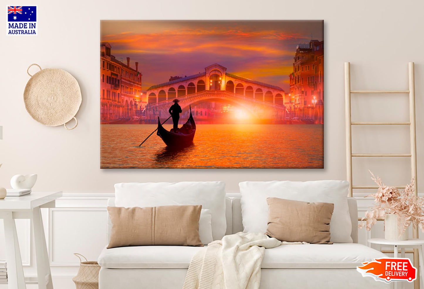 Gondola In Venice at Sunset Sky View Wall Art Decor 100% Australian Made