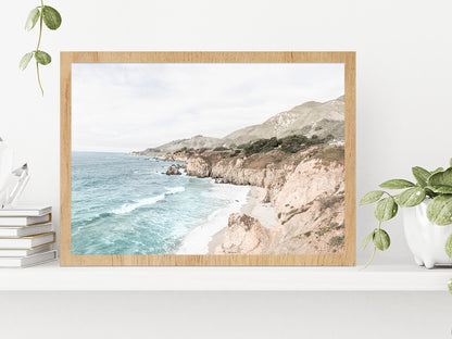 Rocky Sea Coast Faded Photograph Glass Framed Wall Art, Ready to Hang Quality Print Without White Border Oak