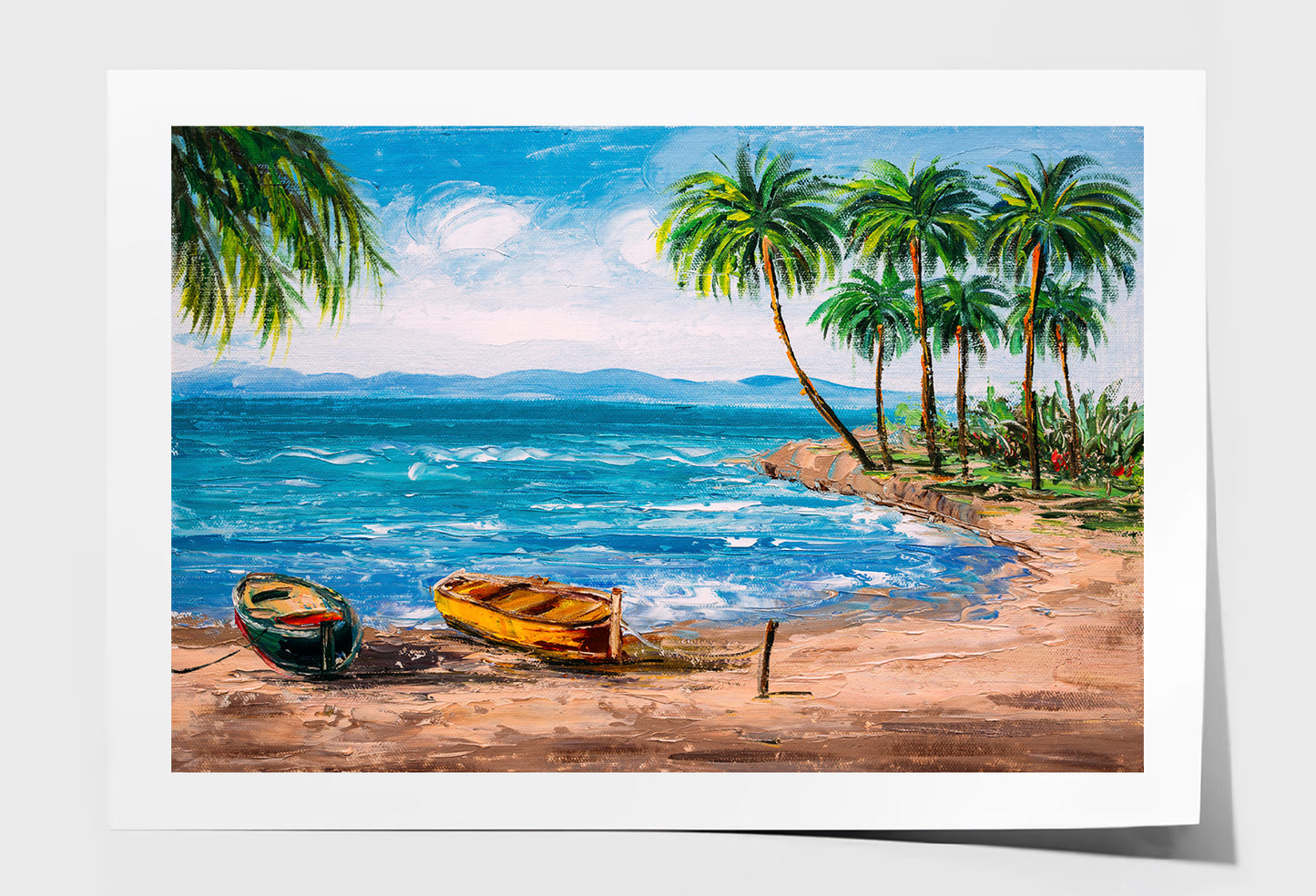 Boats near Tropical Island Beach with Palms Painting Wall Art Limited Edition High Quality Print Unframed Roll Canvas None