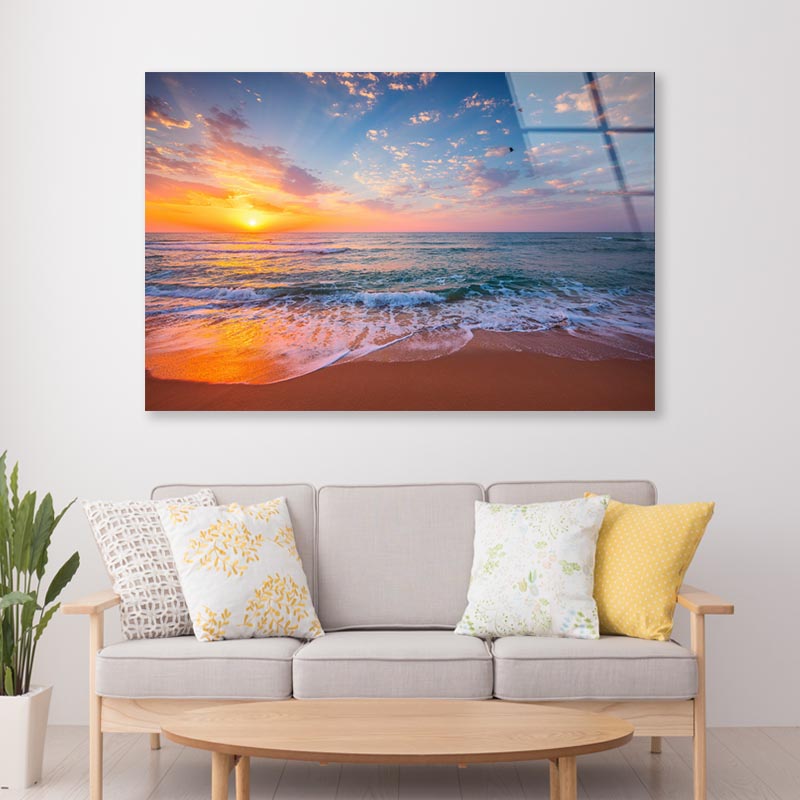 Tropical Color Island Beach Sunrise with Splashing Waves on The Sea Sand Acrylic Glass Print Tempered Glass Wall Art 100% Made in Australia Ready to Hang