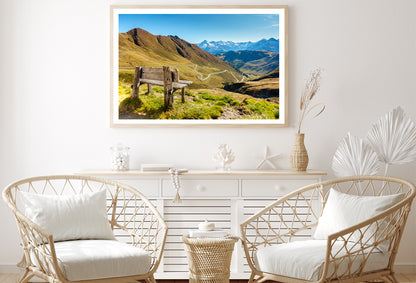 Bench Overlooking a Valley with Grass & Mountains Home Decor Premium Quality Poster Print Choose Your Sizes