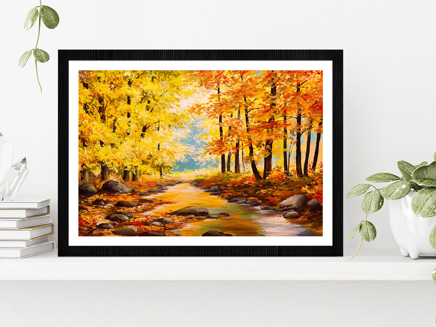 Autumn Trees In Forest With River Glass Framed Wall Art, Ready to Hang Quality Print With White Border Black