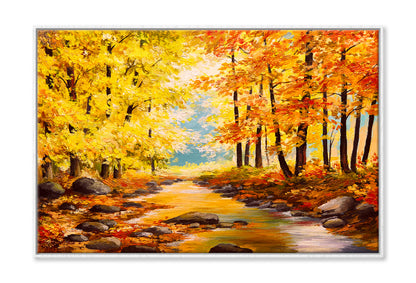 Autumn Trees In Forest With River Oil Painting Wall Art Limited Edition High Quality Print Canvas Box Framed White