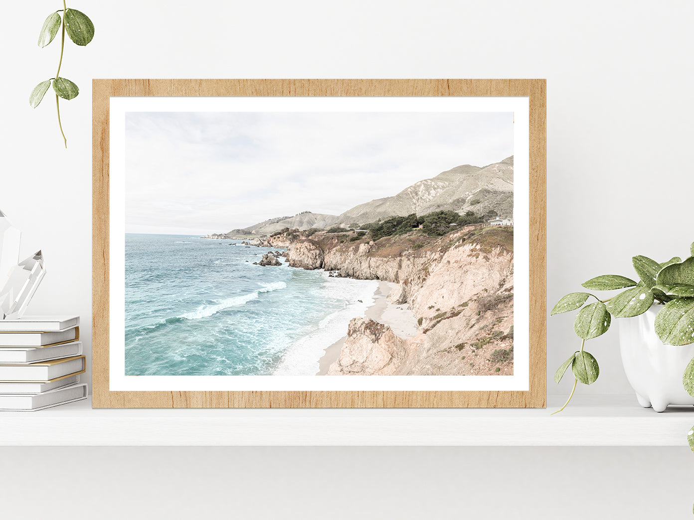 Rocky Sea Coast Faded Photograph Glass Framed Wall Art, Ready to Hang Quality Print With White Border Oak