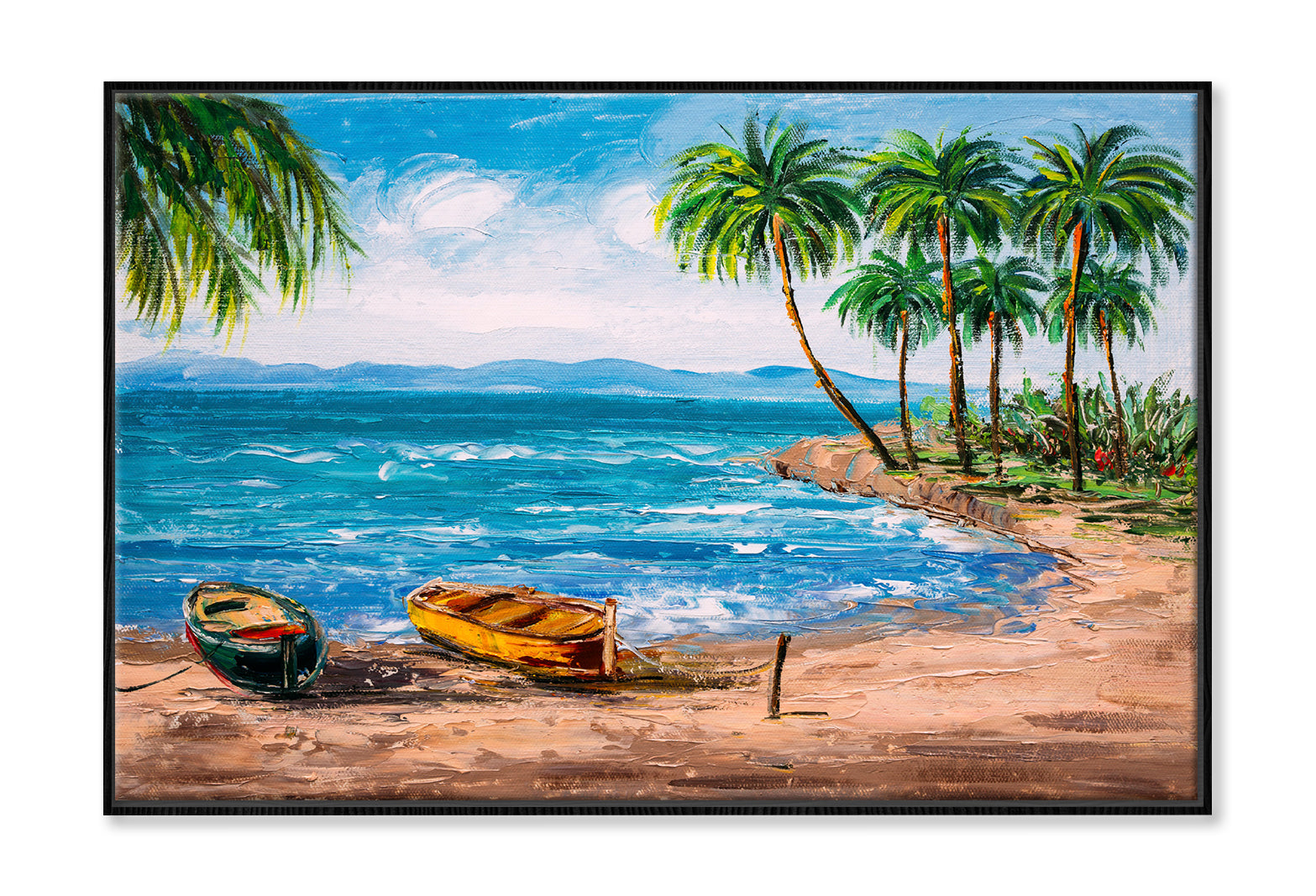 Boats near Tropical Island Beach with Palms Painting Wall Art Limited Edition High Quality Print Canvas Box Framed Black