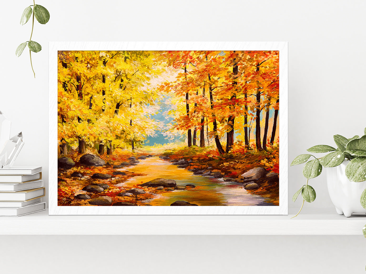 Autumn Trees In Forest With River Glass Framed Wall Art, Ready to Hang Quality Print Without White Border White