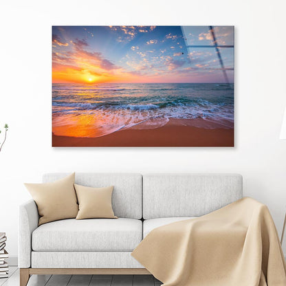 Tropical Color Island Beach Sunrise with Splashing Waves on The Sea Sand Acrylic Glass Print Tempered Glass Wall Art 100% Made in Australia Ready to Hang