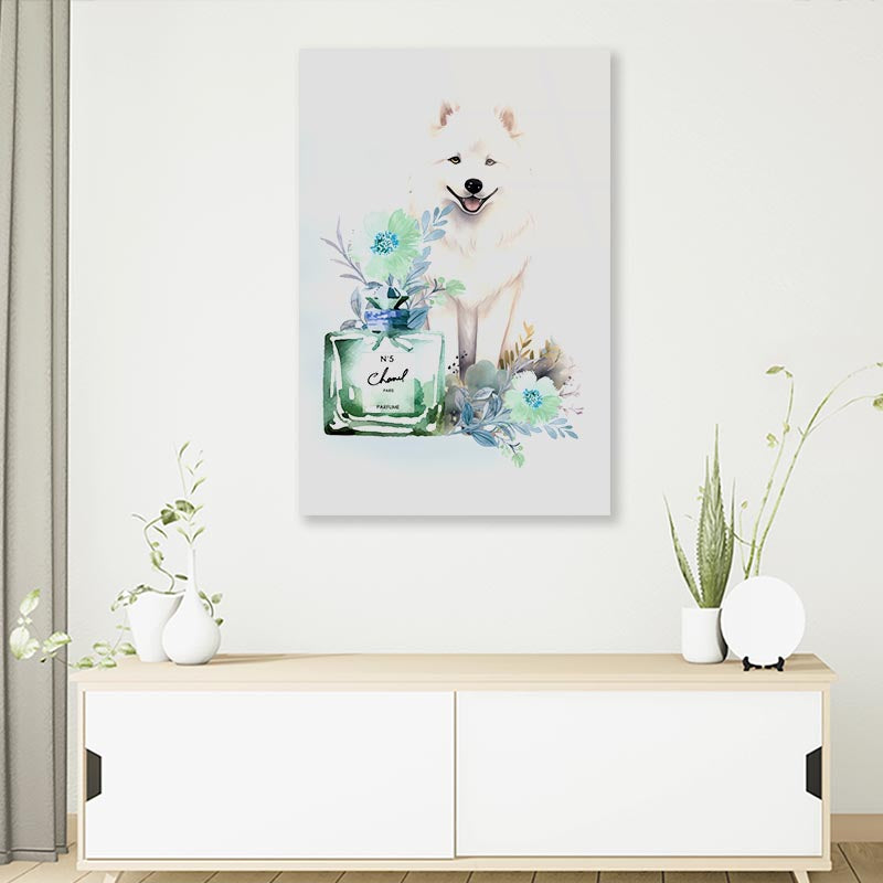 Perfume, Samoyed Dog 3D Design Acrylic Glass Print Tempered Glass Wall Art 100% Made in Australia Ready to Hang