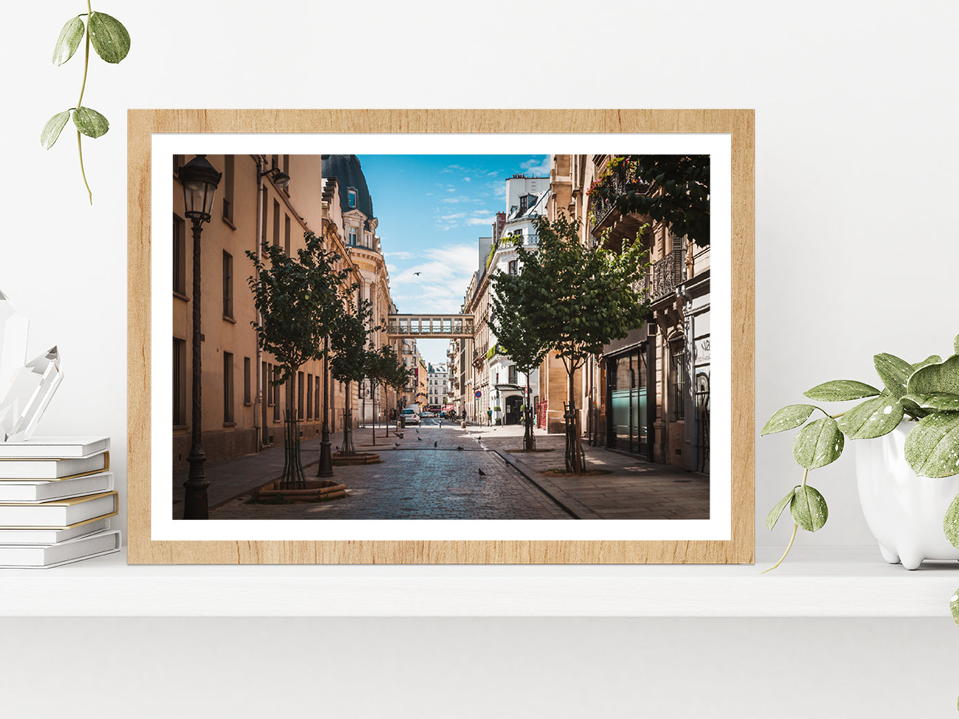 Pavement Street Of Paris In Summer Glass Framed Wall Art, Ready to Hang Quality Print With White Border Oak