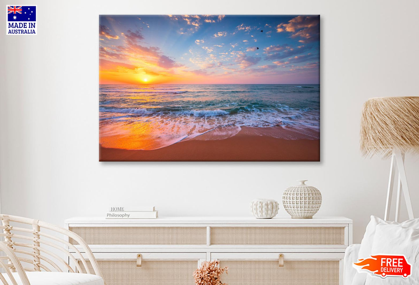 Tropical Color Island Beach Sunrise with Splashing Waves on The Sea Sand Wall Art Decor 100% Australian Made