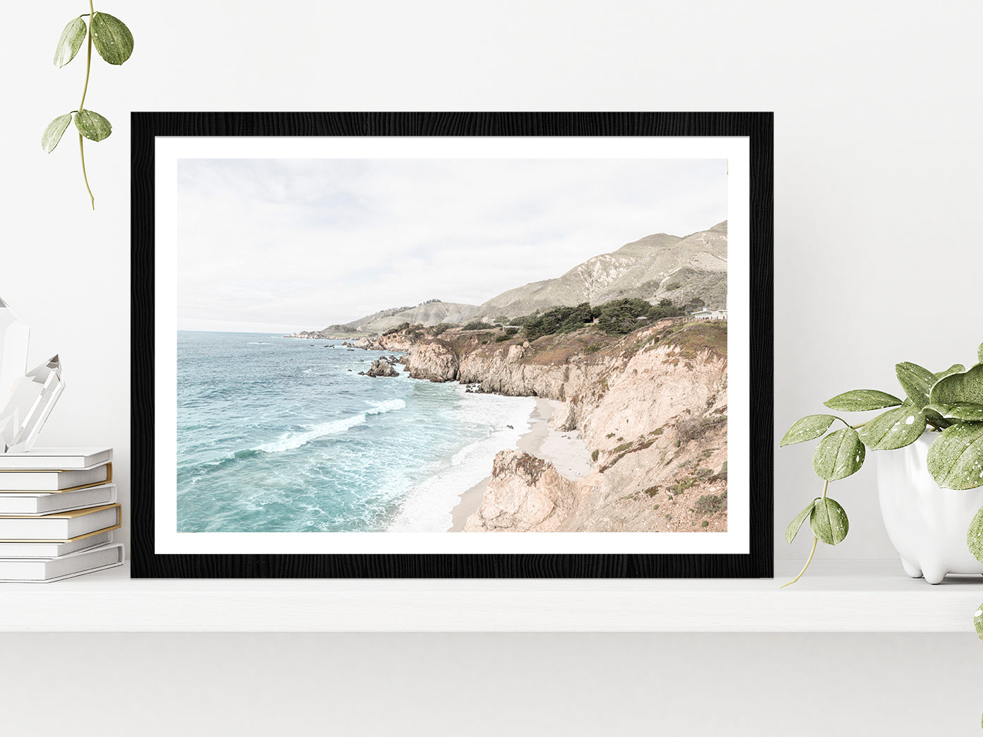 Rocky Sea Coast Faded Photograph Glass Framed Wall Art, Ready to Hang Quality Print With White Border Black