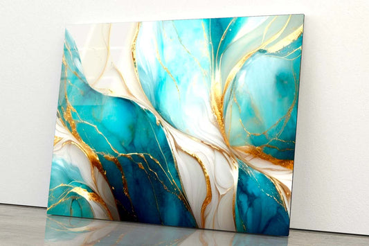 Golden Blue Abstract Acrylic Glass Print Tempered Glass Wall Art 100% Made in Australia Ready to Hang