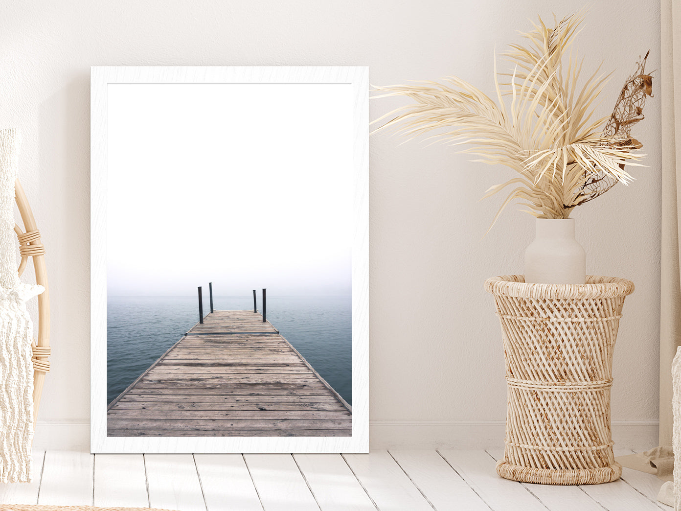 Wooden Pier on Lake Photograph Glass Framed Wall Art, Ready to Hang Quality Print Without White Border White