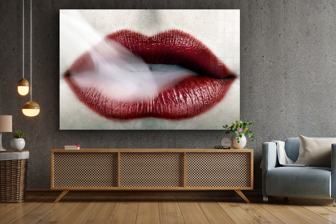 Smoke Red Lips Closeup UV Direct Aluminum Print Australian Made Quality